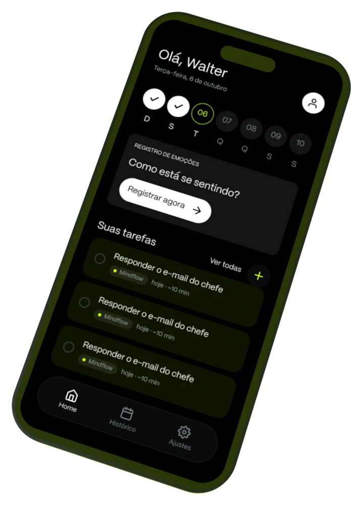Celular com a tela inicial do app Mindflow