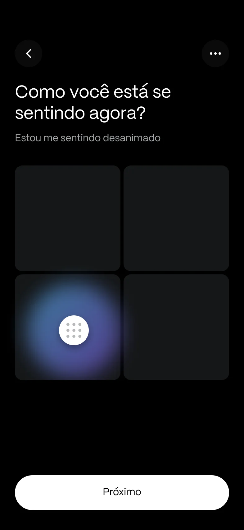 Tela de check-in emocional do app, com o mapa de quatro quadrantes e um quadrante selecionado